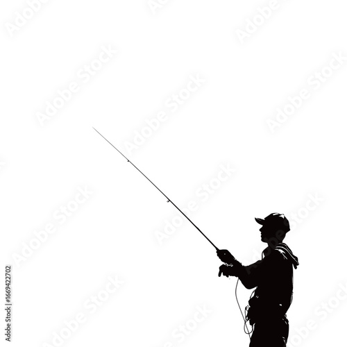 A lone fisherman stands in shallow water, silhouetted against a bright morning sky. He casts his fishing line with careful precision, embracing the tranquility of dawn.