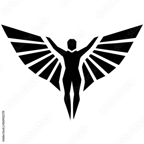 Black and white wingsuit flyer with extended arms forming abstract wings