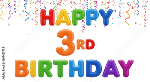 Vibrant happy 3rd birthday text with confetti and balloons celebrating a special milestone for a child transparent background