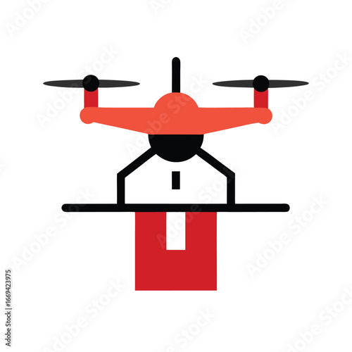 Red drone carrying a red package unmanned aerial vehicle