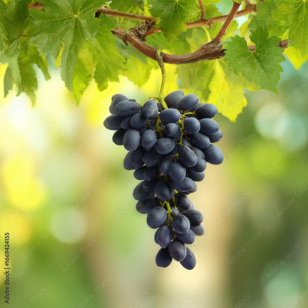 Fresh Purple Grapes Hanging on a Vine Surrounded by Green Leaves Fresh Purple Grapes Hanging on a Vine Surrounded by Green Leaves