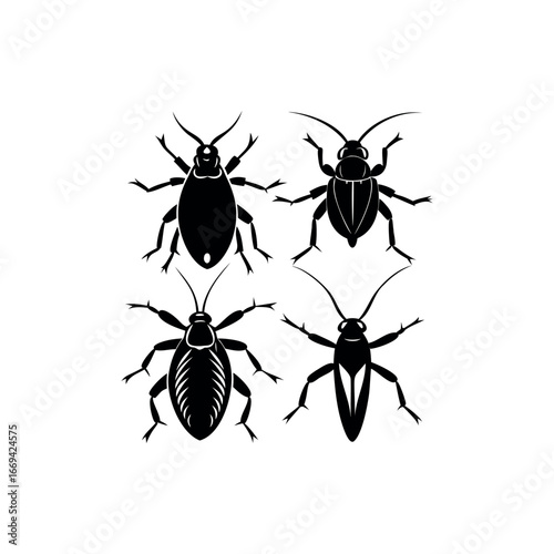 Black and White Illustration of Four Different Types of Cockroaches silhouette vector