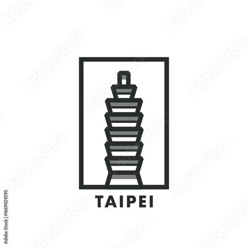 Taipei, Taiwan pagoda tower, city landmark clip art. Thin line vector pictogram, emblem, logo, icon, badge graphic. Flat, black building contour image