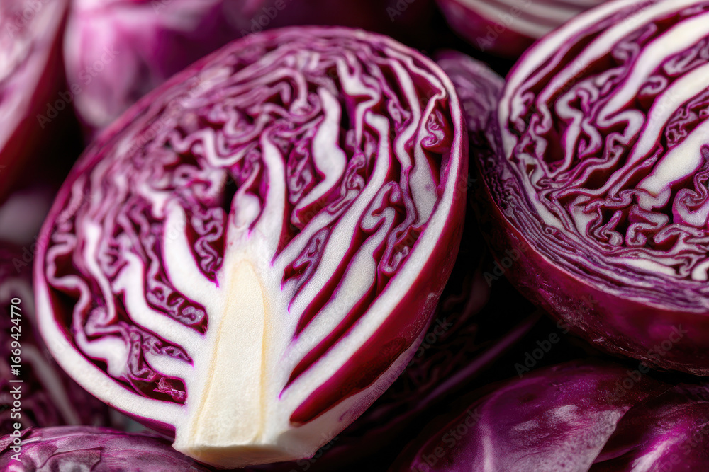 Fototapeta premium Macro of sliced red cabbage with pattern
