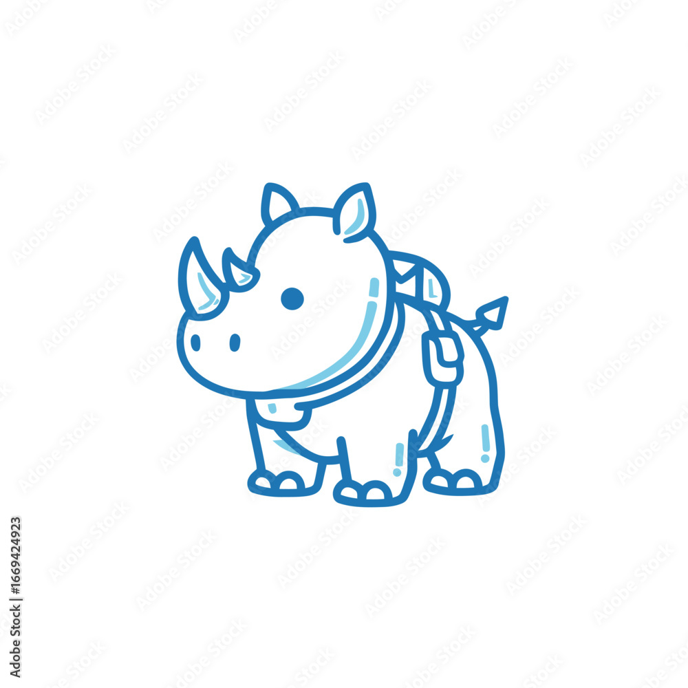 Obraz premium A playful cartoon rhinoceros character stands smiling with a saddle, designed to entertain children at a fun event. Its playful expression and bright colors invite joy and creativity.
