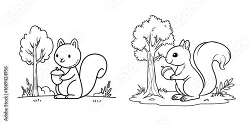 Two playful cartoon squirrels are collecting acorns among trees in a vibrant forest. The setting is cheerful and perfect for nature lovers, showcasing a lively atmosphere.