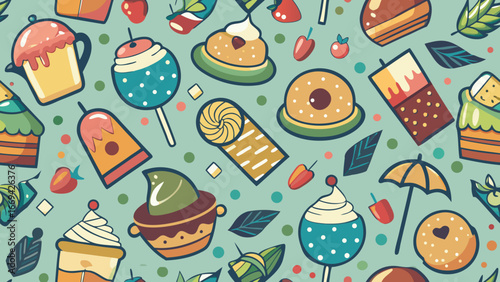 Colorful cartoon sweet treats and fruits scattered on a teal background dessert food