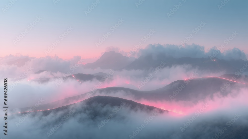 Obraz premium Serene sunrise over misty mountains with soft pink and blue hues