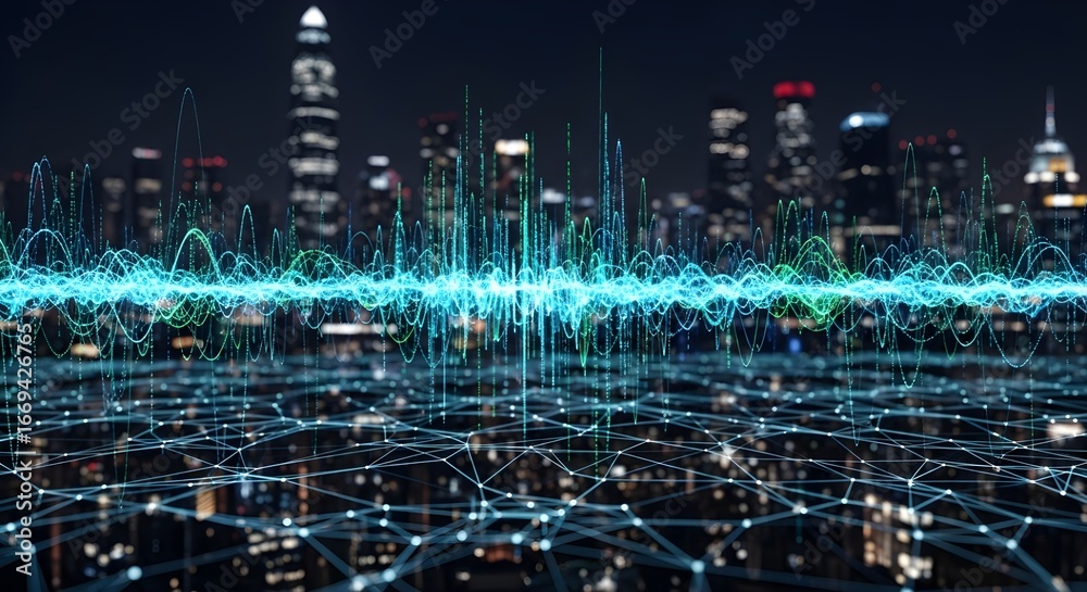 custom made wallpaper toronto digitalCityscape at night with digital network overlay and sound waves visualization in blue and green tones