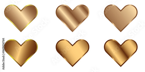 Golden Bronze Heart Shapes Vector Set: Luxurious Metallic Hearts Collection for Love, Romance, Valentine's Day, Elegant Designs and Decorative Elements