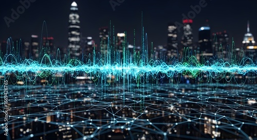 Wallpaper Mural Cityscape at night with digital network overlay and sound waves visualization in blue and green tones Torontodigital.ca