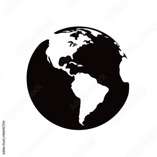 Silhouette of the Earth highlights North and South America against a white background, illustrating a global perspective. The simple design emphasizes the continents' shapes and outlines.