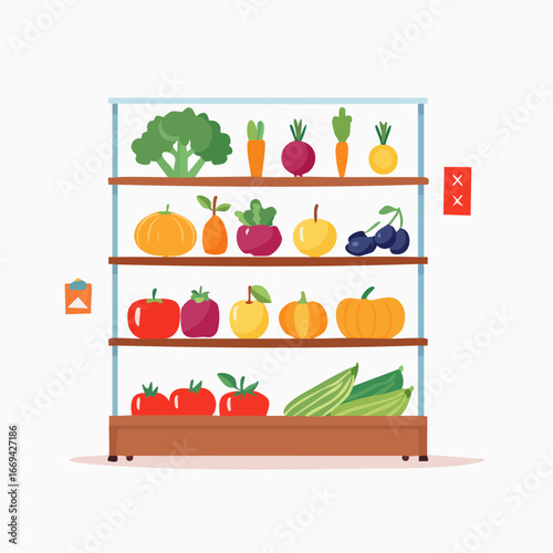 Flat vector supermarket icons. Includes shopping cart, self-checkout machine, supermarket building, barcode scanner, fresh produce section, cashier counter, discount tag, eco bag, frozen food