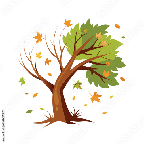 Autumn tree with falling leaves and bare branches