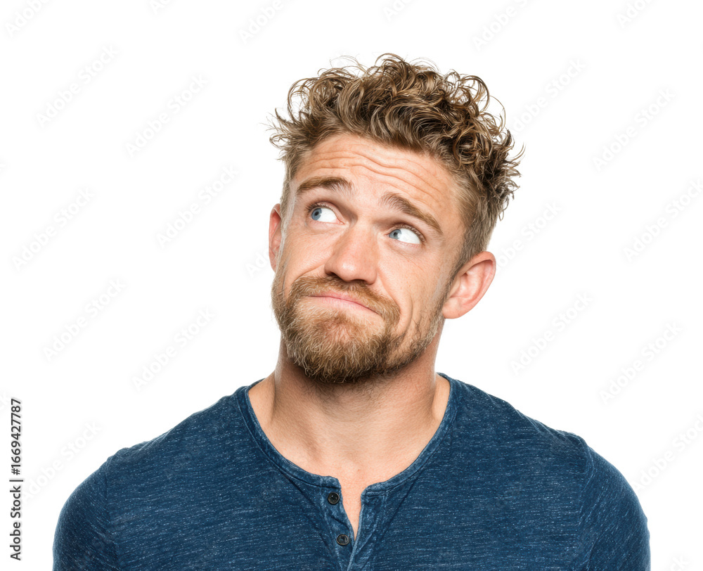 Fototapeta premium Contemplative man pondering life questions portrait neutral isolated on transparent background