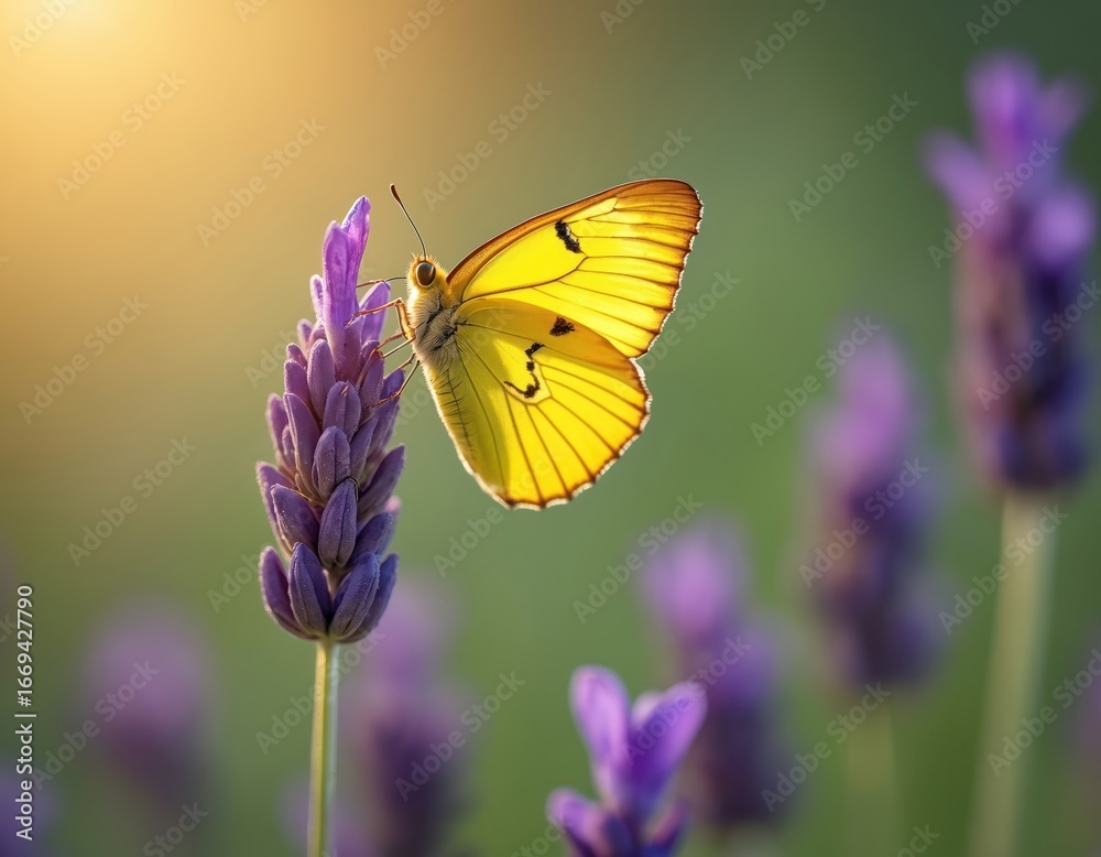 Naklejka premium Bright yellow butterfly rests on purple lavender flower. Soft sunlight illuminates insect wings. Green blurred background enhances focus on pollinator and plant details. Macro nature photography.