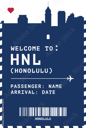 Welcome to Honolulu, Hawaii USA card template. Vector boarding pass style postcard illustration with airport code, city skyline, flight info. Luggage tag image layout