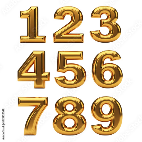 Shiny golden number balloons 1 through 9 featuring realistic 3d rendering