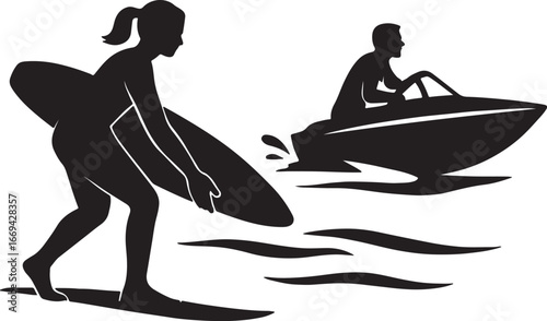 A boy and a girl are riding a surfing boat.  সার্ফিং বোট 