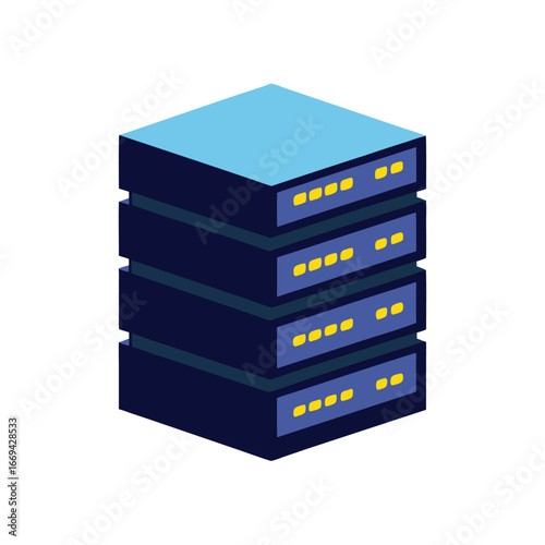 Stack of four blue server racks with yellow indicator lights