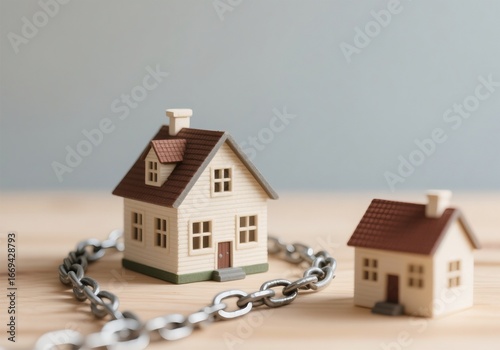 Miniature House with Chain – Symbol of Security, Mortgage Restriction, and Property Protection