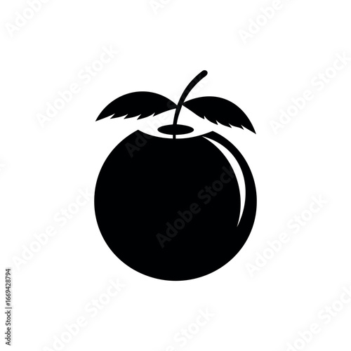 Simple black and white graphic illustration of a fresh, ripe plum fruit silhouette vector