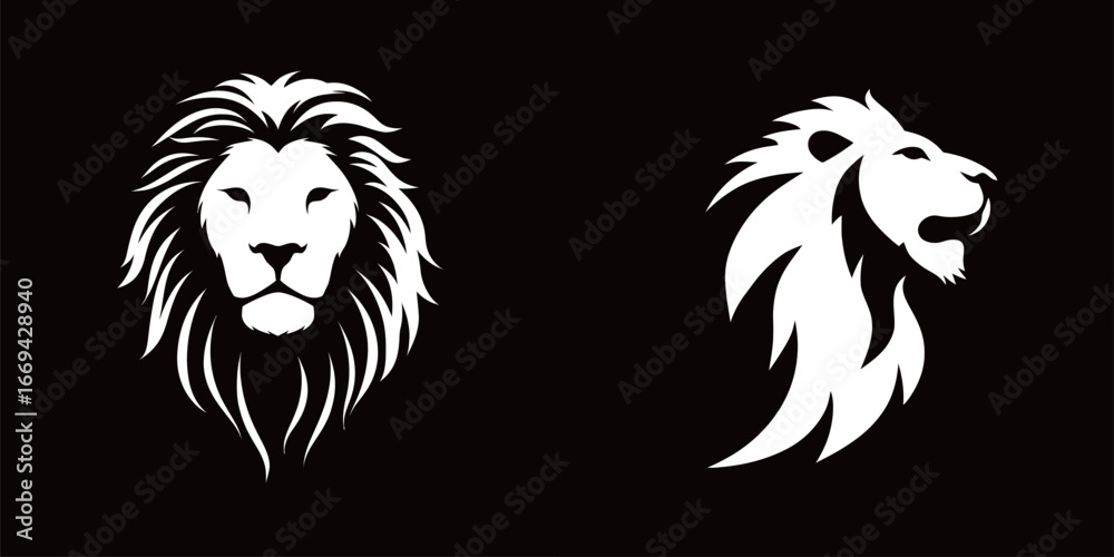 Fototapeta premium Two lion illustrations in contrasting styles are displayed side by side. The left lion has a lush mane, while the right features a more streamlined design, both in black and white.