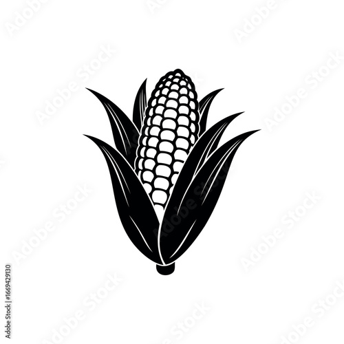 Monochrome depiction of corn with stylized leaves and circular kernels pattern silhouette vector