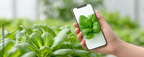A hand holds a phone displaying fresh lettuce in a greenery setting.