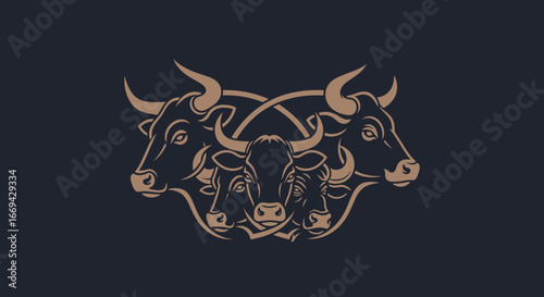 Elegant bull logo design featuring multiple stylized heads, perfect for branding, agriculture, or business applications with a strong, professional look