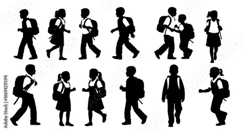 Schoolchildren silhouettes walking with backpacks, representing education, learning, childhood, and youth, perfect for educational projects, school themes, and back-to-school campaigns.