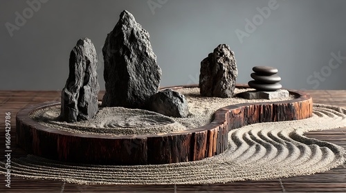 Minimal Japanese Zen rock garden with smooth blank sand area, arranged stones, traditional meditation space for calmness, mindfulness, relaxation, and natural Japanese landscape aesthetics