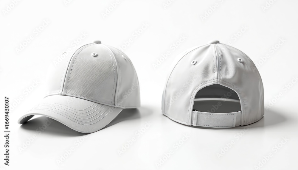 Obraz premium Front, back views of white baseball cap. Plain, classic hat offers versatile design options for apparel branding, promotion. Made from comfortable cotton, suits casual summer outfits, sporty styles.