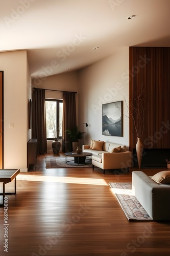 A serene and revitalized home interior with clutter and old items cleared away, bathed in warm and soothing natural light that pours in through large windows, symbolizing positive energy, renewal