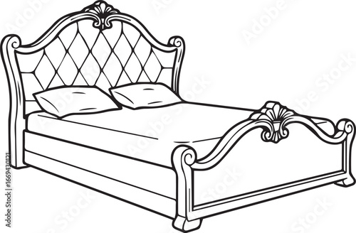 Elegant ornate bed with diamond tufted headboard offers restful sleep and luxurious comfort, perfect for bedroom decor and relaxation concepts