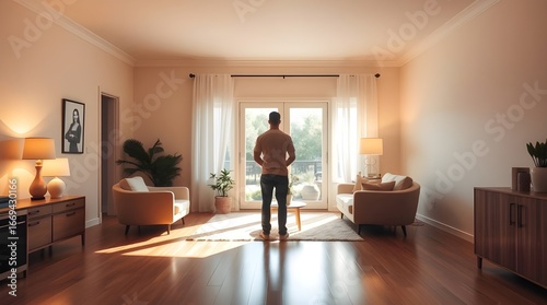 A serene and revitalized home interior with clutter and old items cleared away, bathed in warm and soothing natural light that pours in through large windows, symbolizing positive energy, renewal