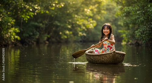 Smiling girl rows traditional boat