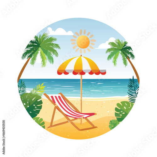 Tropical beach scene with striped deck chair and yellow umbrella vacation summer