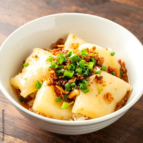 Savory Rice Dish, Garlic Topping, Wooden Table