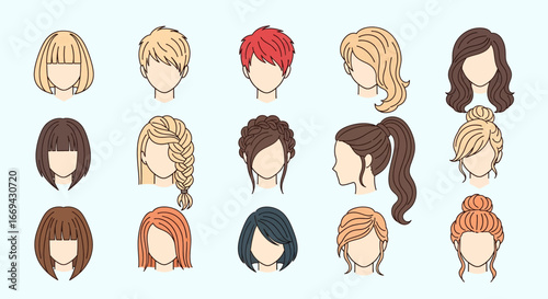 Diverse hairstyles for women in various colors and styles, perfect for beauty, fashion, and design projects, showcasing modern hair trends