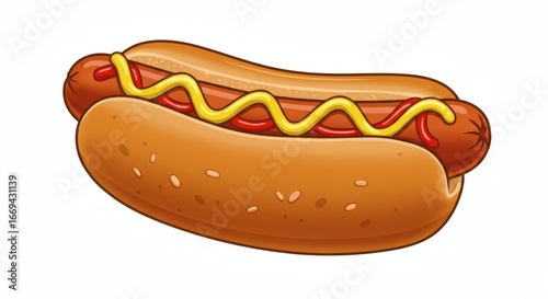 Vibrant cartoon illustration of a classic hot dog, featuring a juicy frankfurter in a golden bun, with bright red ketchup and zesty yellow mustard