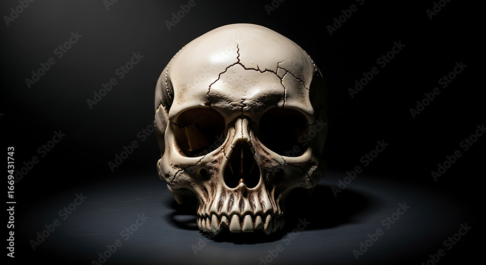 Fototapeta premium Dramatic Halloween Skull Still Life with Dark Background