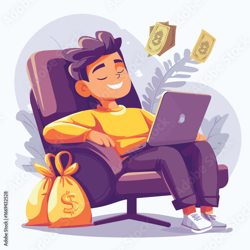 Happy investor earning passive income from investments, relaxing in chair with laptop and money bags