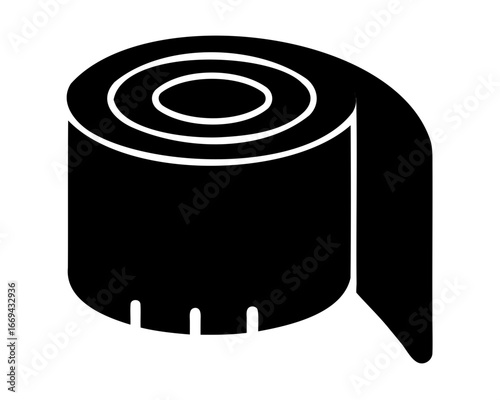 A graphic depiction of a measuring tape in black and white style