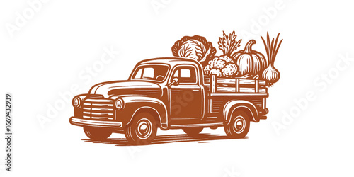 Print   Retro Farm Truck with Vegetables Vector