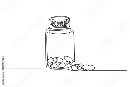 Minimalist continuous line drawing of a transparent pill bottle with capsules spilling out onto a flat surface