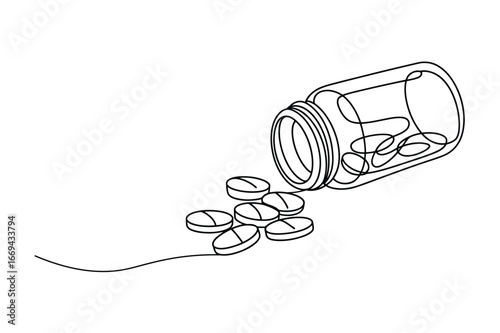 Simple line drawing of a prescription pill bottle spilling out several oval shaped tablets onto a white background