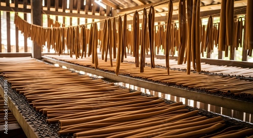 Ceylon cinnamon sticks drying in a traditional wooden drying facility, showcasing natural production.