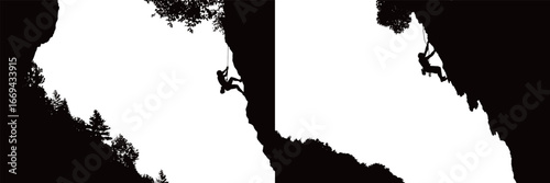 A climber ascends a rocky cliff surrounded by trees, showcasing strength and determination under bright daylight. The scene captures adventure and the beauty of nature.