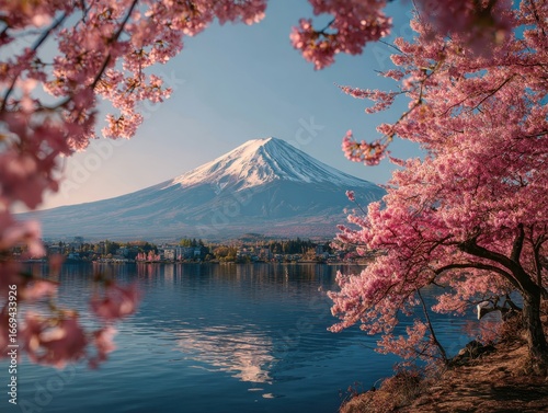 Snow-capped Mount Fuji and Cherry Blossoms in Spring